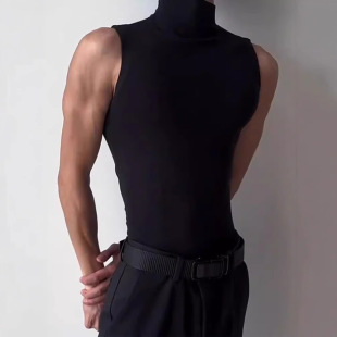 Pure Black High-Neck Fitness Sports Vest Men's Summer American Trendy Brand Sleeveless T-Shirt Handsome High-End Top