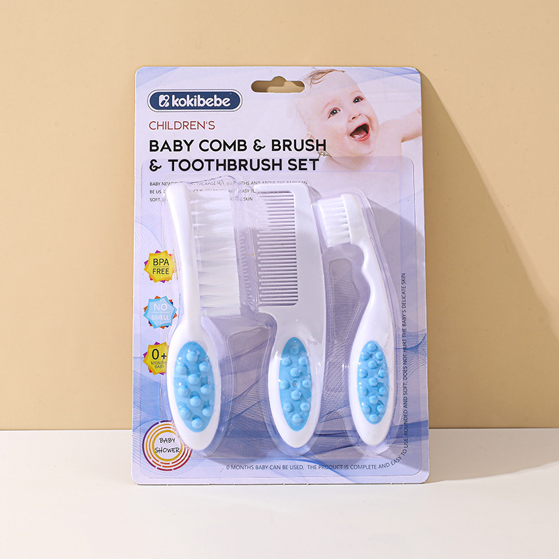 Paquete de exportación en inglés, champú para bebés, baño, juego de cepillos, limpieza bucal, combinación de cepillo de dientes de cabello suave de cabeza pequeña