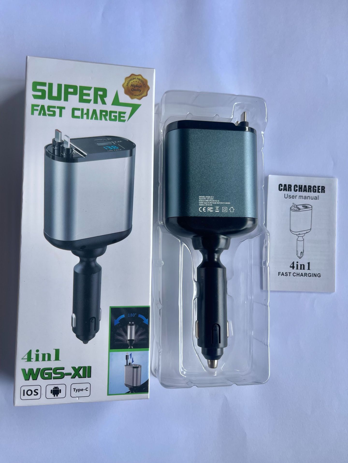 Car Charger with Retractable Cable, One-To-Four Car Charger, Super Fast Charging, Flash Charging, Car Phone Charging Head, Cigarette Lighter