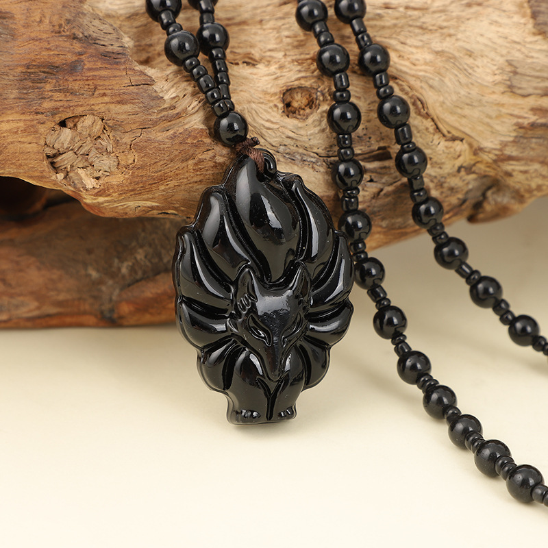 Rose Quartz And Obsidian Nine-tailed Fox Pendant Necklace Unisex_voghion.com