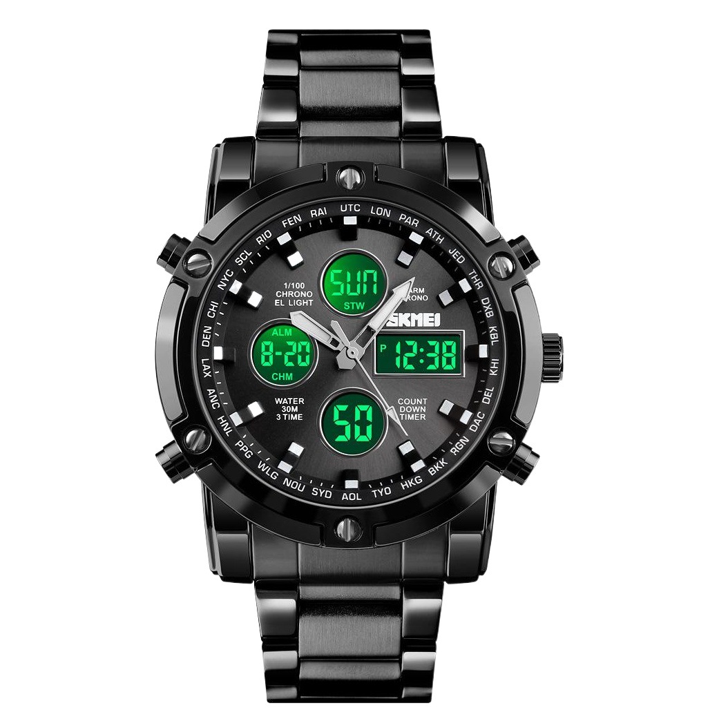 Skmei reloj electrónico multifuncional para hombre correa de acero doble movimiento reloj para hombre dial grande reloj electrónico impermeable al por mayor