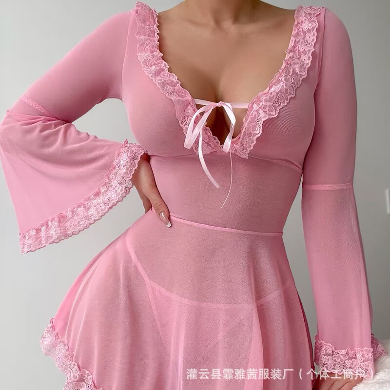Cross-Border New European and American Style Sexy Backless Lace See-Through Mesh Long-Sleeve Tie-Up One-Piece Lingerie Nightgown Cross-Border New European and American Style Sexy Backless Lace See-Through Mesh Long-Sleeve Tie-Up One-Piece Lingerie Nightgown