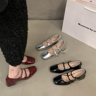 Chunky heel red Mary Jane leather shoes women's shoes 2023 new summer French evening Black Spring and Autumn single-layer shoes
