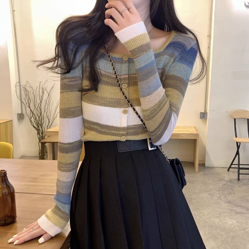 2025 Rainbow Striped Square-Neck Knit Long-Sleeve Women's T-Shirt Design, Unique and Slim-Fit Short Top for Women