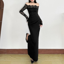 跨境欧美女装2025秋季新款气质一字领露肩长袖蕾丝收腰拼接连衣裙