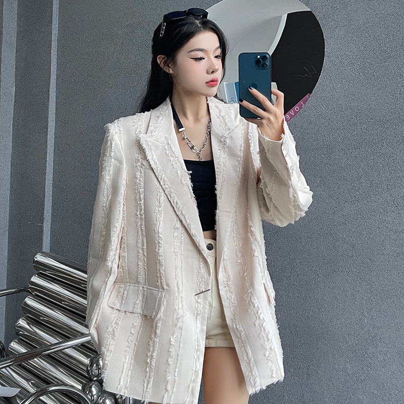 Black Suit Jacket Women's 2023 New Niche Design Sense Loose Edge Noured Small Men's Suit Top Trendy