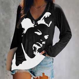 2024新款上新3D印花个性人头字母图片女士长袖V领NFL球队T恤女142