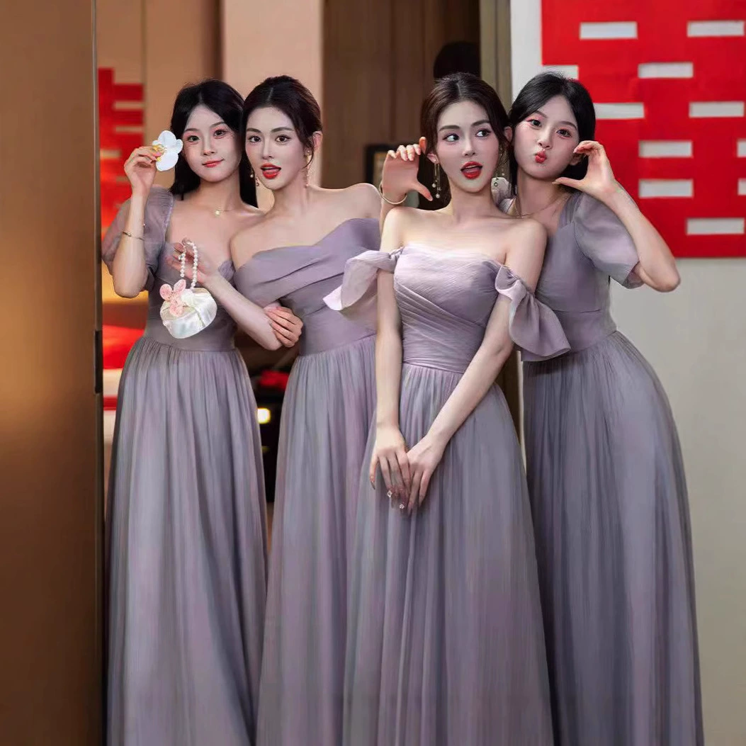 Длинное платье подружки невесты 2025: новое, элегантное, фиолетовое, в стиле легкой роскоши, нишевое, для подружек невесты, стройнящее, для выпускного вечера и свадьбы