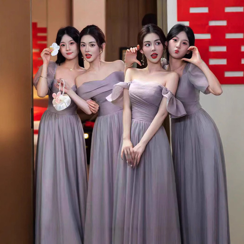 Bridesmaid Dress Long Style 2025 New Elegant Purple Light Luxury Niche Sister Group Slimming Gown Graduation Ceremony Wedding