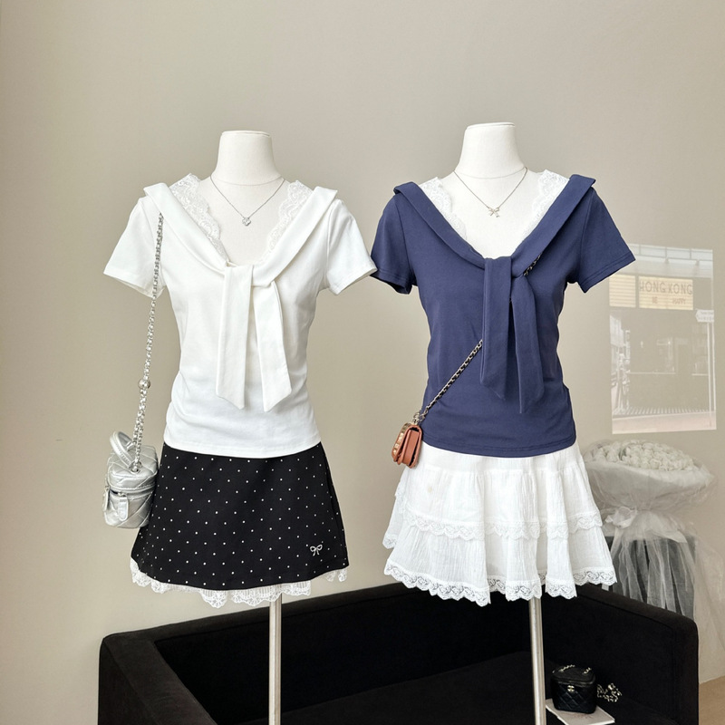Soft Nautical Style 2026 Women's Summer New Style Spliced Lace Navy Collar Tie-Up Regular Shoulder Fitted T-Shirt Soft Nautical Style 2026 Women's Summer New Style Spliced Lace Navy Collar Tie-Up Regular Shoulder Fitted T-Shirt