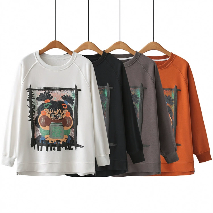 Плюс размер плюс размер женский топ 2024 Весна Новый пухлый девушка возраст-снижение похудения мультфильм печатных круглый вырез свитер 2401