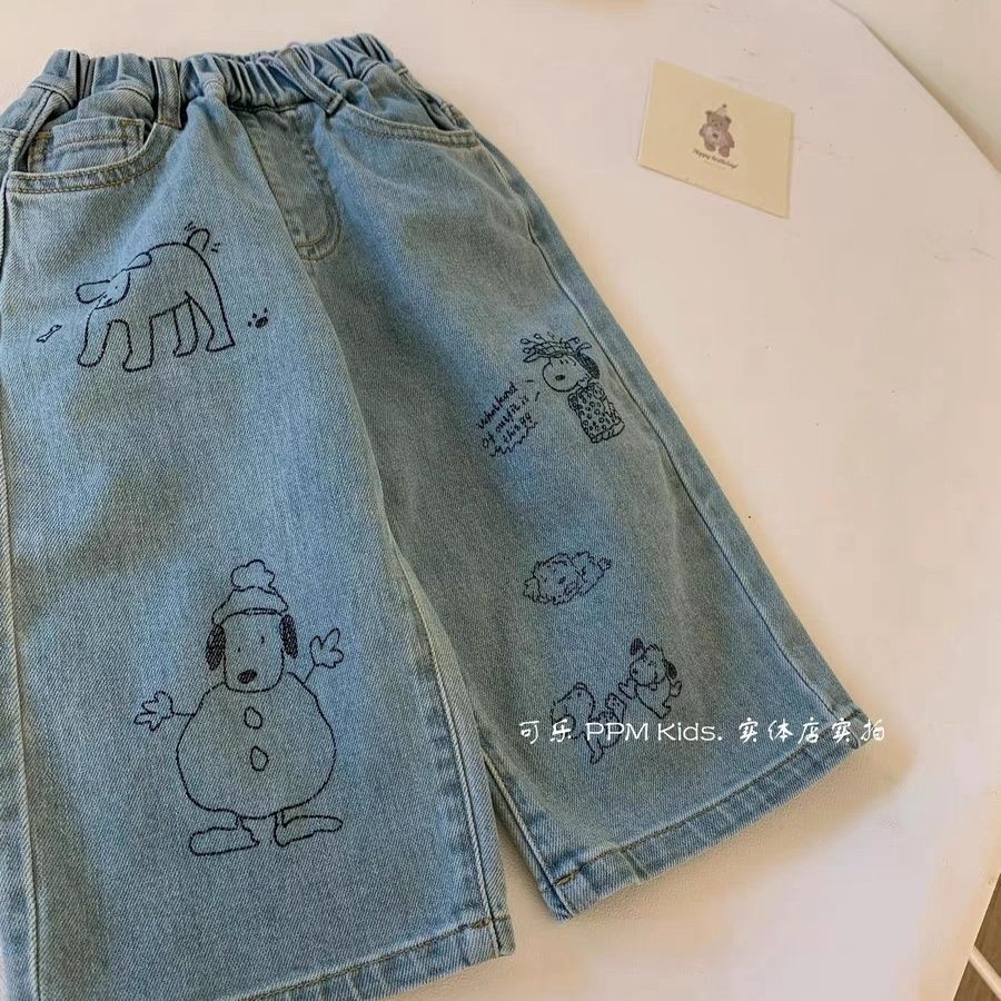 Girls' Denim Jeans Korean Style Baby Girl Fashion Cartoon Casual Pants 2024 New Kids Fashion Straight Leg Denim
