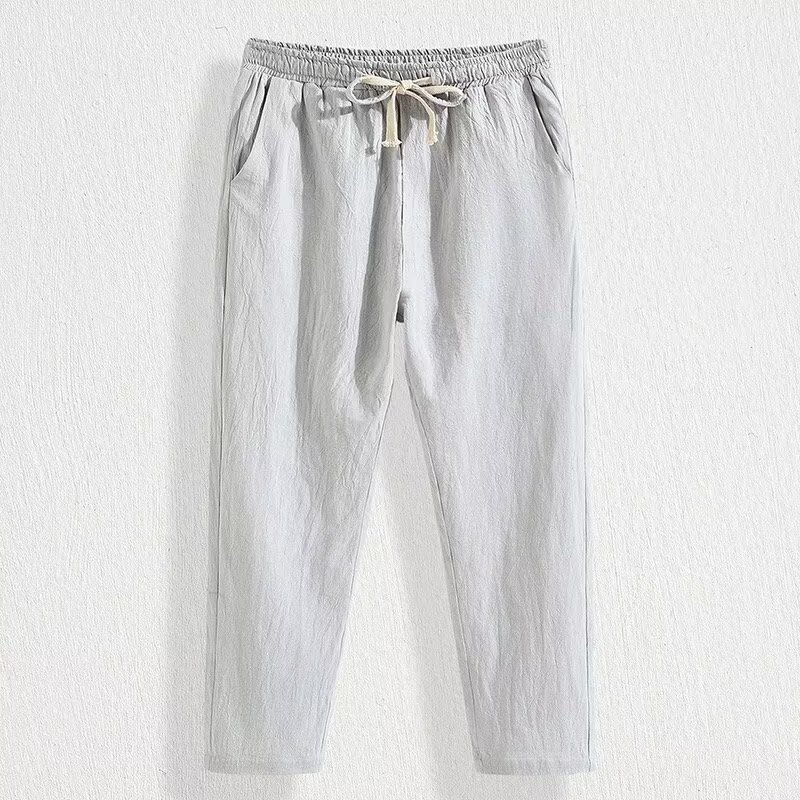 Summer Men's Linen Cropped Pants Loose Straight Casual Pants 9-Point Cotton Linen Pants Ice Silk Trendy Pants