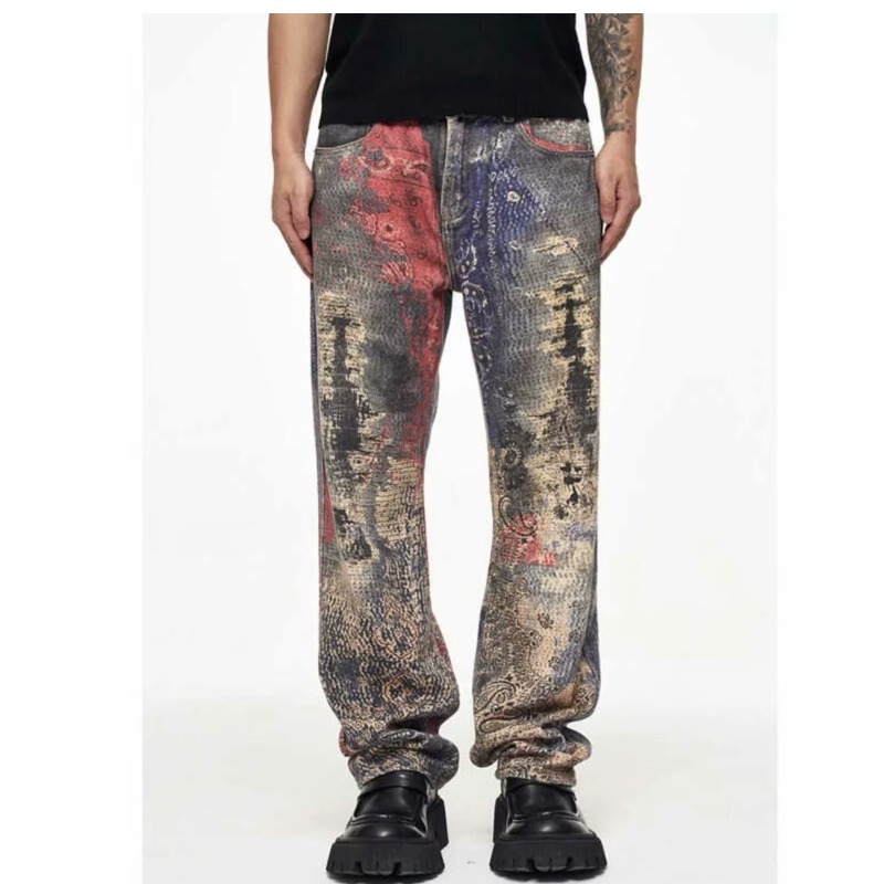 American High Street Trend Brand Wasteland Dirty Style Digital 3D Print Unisex Casual Wide-Leg Straight Jeans_viptrois.com