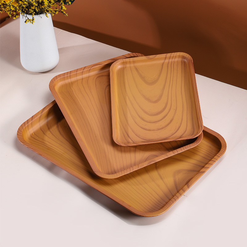 Bandeja de plástico, bandeja de té, rectangular, hogar, sala de estar, plato de almacenamiento de bocadillos de frutas, plato de comedor de grano de madera de imitación al por mayor