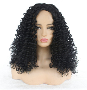 Peluca rizada larga rizada pequeña africana negra europea y americana, peluca de fibra química, seda de alta temperatura, casco de mecanismo completo LW0188