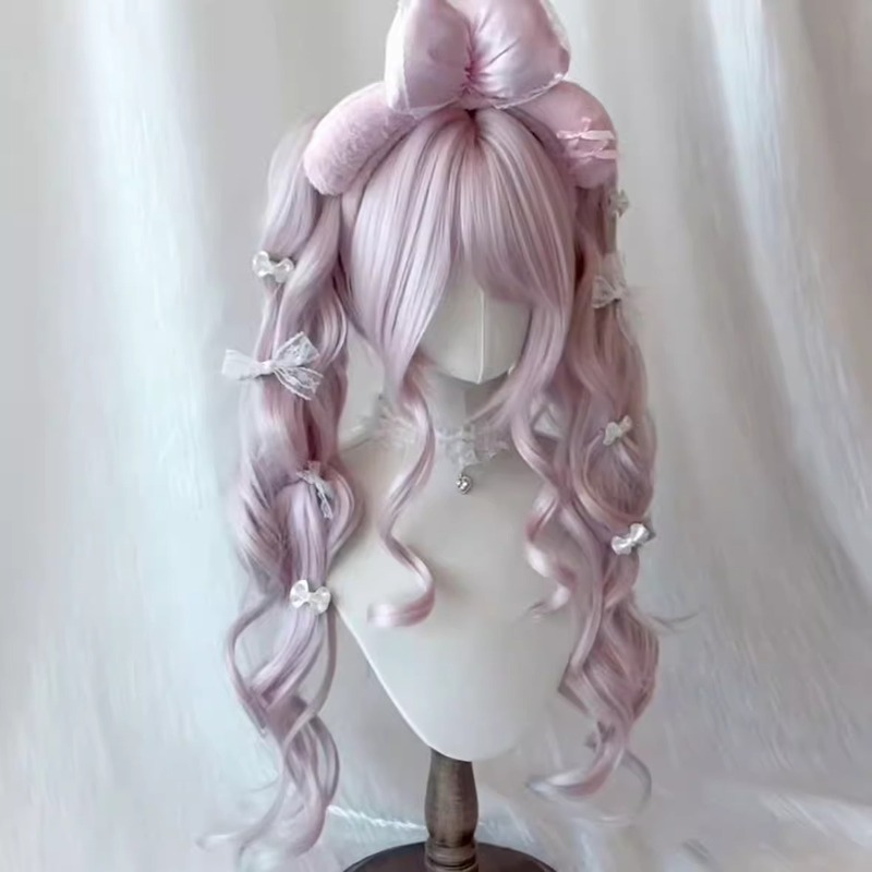 假发女古早姬系Lolita虎口夹双马尾淡粉色doll感洛丽塔日常全头套|undefined