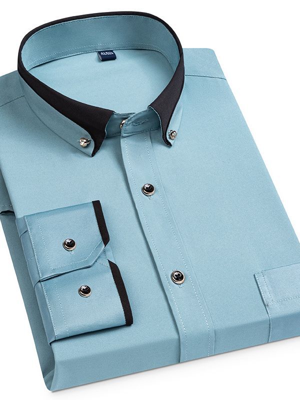 Camisa elástica de manga larga antiarrugas hebilla de diamante contraste color collar hombres de negocios casual Four Seasons camisa de bolsillo para hombre