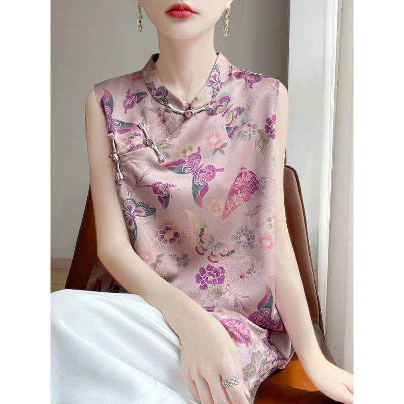 New Chinese Style Satin Stand Collar Sleeveless Vest for Women 2025 Summer New Style Buckle Printed Loose Top