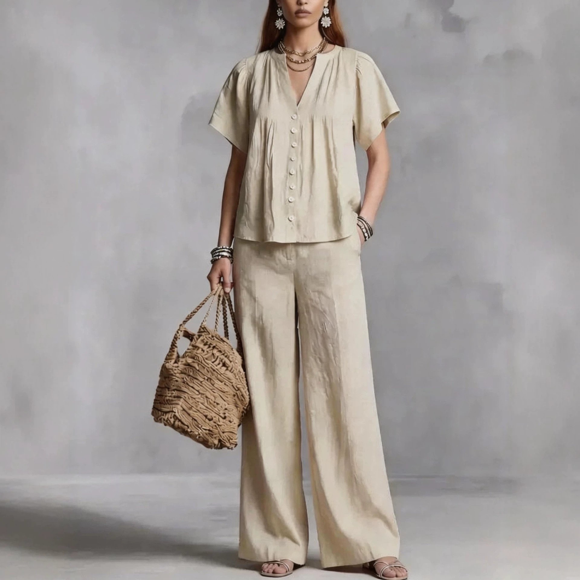 Women's Clothing Women's Imitation Cotton Linen V Neck Casual Suit Beach Vacation Style For Formal & Casual For Women_ecoleips.com