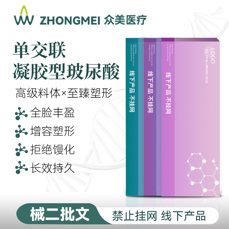 Hyaluronic Acid Plumps Facial Sunken Areas, Shapes Lips, Temples, Apple Muscles, Large, Medium and Small Molecules, Single Cross-Linked Gel Type