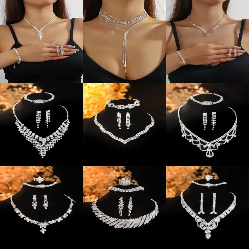 Cross-Border Set European and American Style Jewelry Glass Zircon Wedding Party Necklace Earrings Dress Dinner Clavicle Necklace