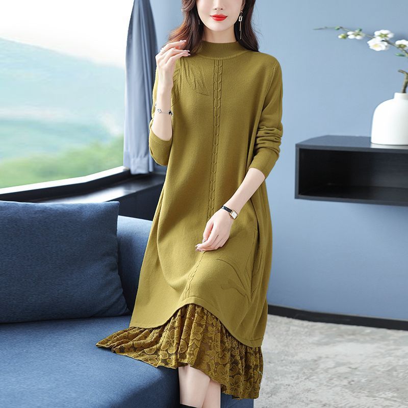 New Long Lace Over-The-Knee Dress for Moms in Plus Size, Loose and Stylish Knit Dress for Spring and Autumn