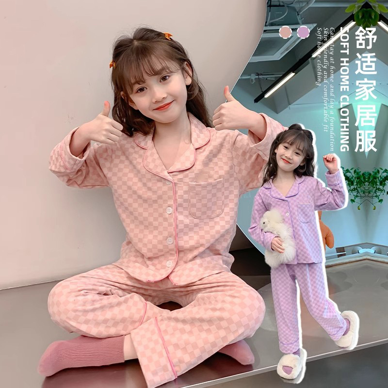Pijamas de ternilla caliente para niños niñas primavera y otoño invierno set de ropa de casa para niños cuello casual de cuadrícula ropa de casa