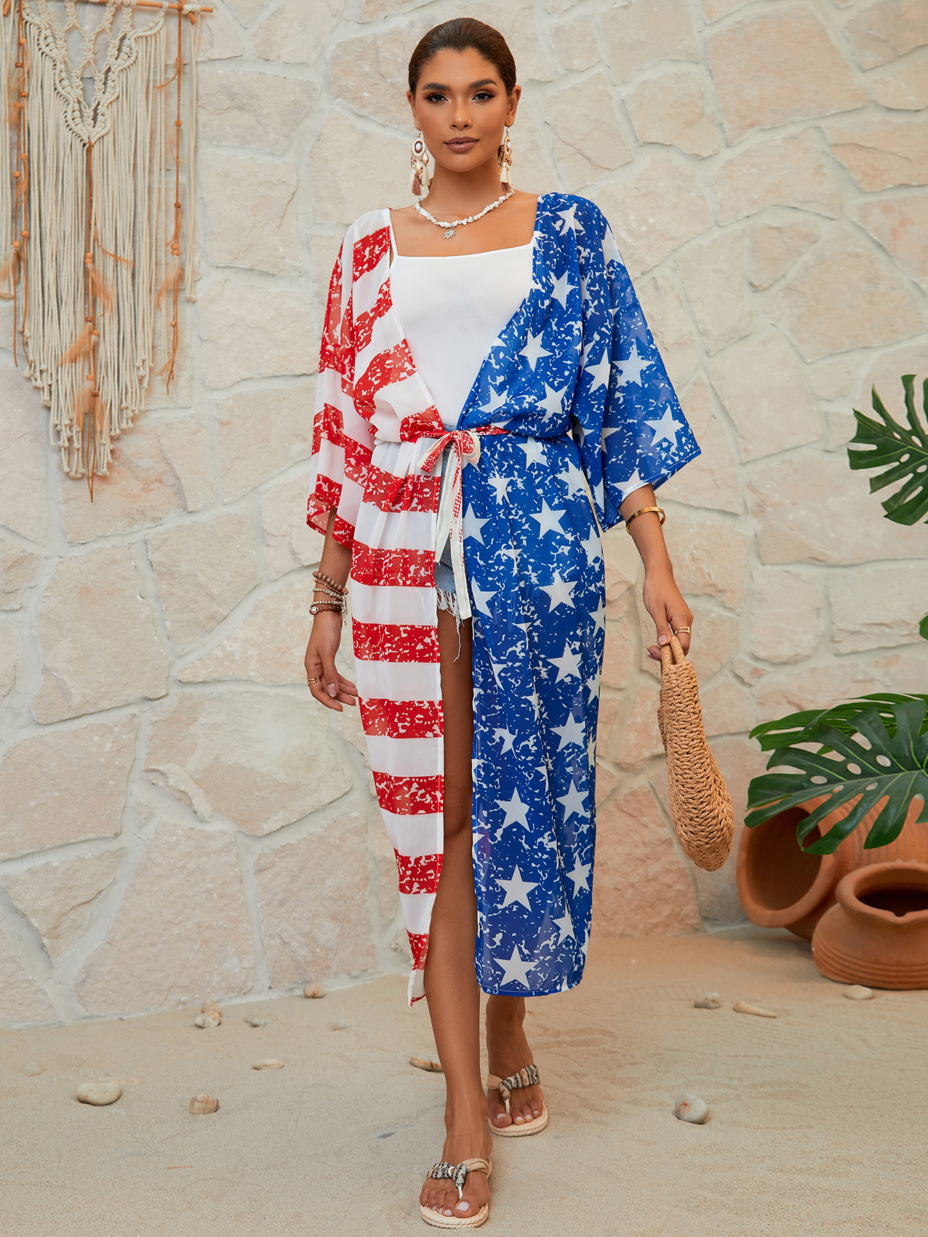 Bandera europea y americana impresa vacaciones cardigan playa trajes de baño con bikini camisa XF296