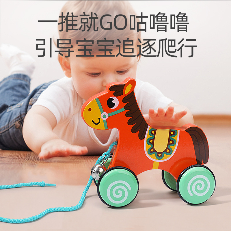 Coche de campana de animal de arrastre de madera real, cuerda de tracción manual, niño y niña, coordinación ojo-mano, juguete de coche de entrenamiento para niños pequeños