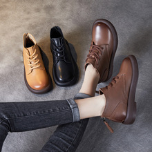 头层牛皮平底圆头复古棕色檫色高帮单层皮裸靴休闲百搭秋冬女棉鞋