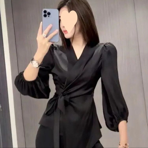 French neck strap satin shirt for women in spring and summer waist to show slimming design temperament shirt niche light mature top