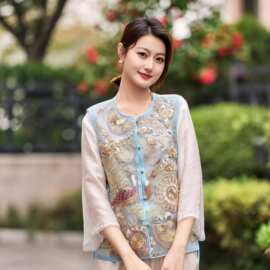 新中式国风真丝纱重工刺绣圆领马甲女2026夏季新款民族风复古背心