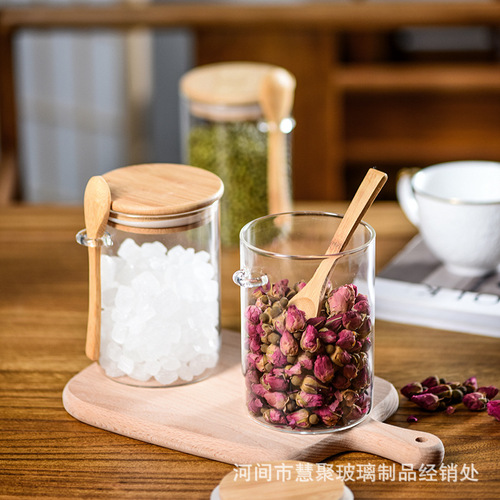 Glass spice jar kitchen round storage jar sugar jar food seasoning salt jar storage tea jar with spoon sealed jar