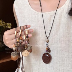 ウッドフロントトーン〜中国風ロングワックスロープドングリペンダントネックレスレディースレトロニッチデザイン新しい中国風アクセサリー