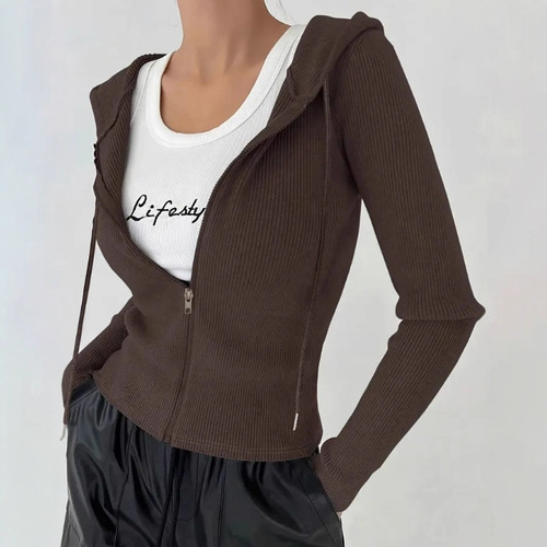2026 spring cross-border European and American women's pure color elegant figure-flattering hooded zipper outer fashionable casual women's top