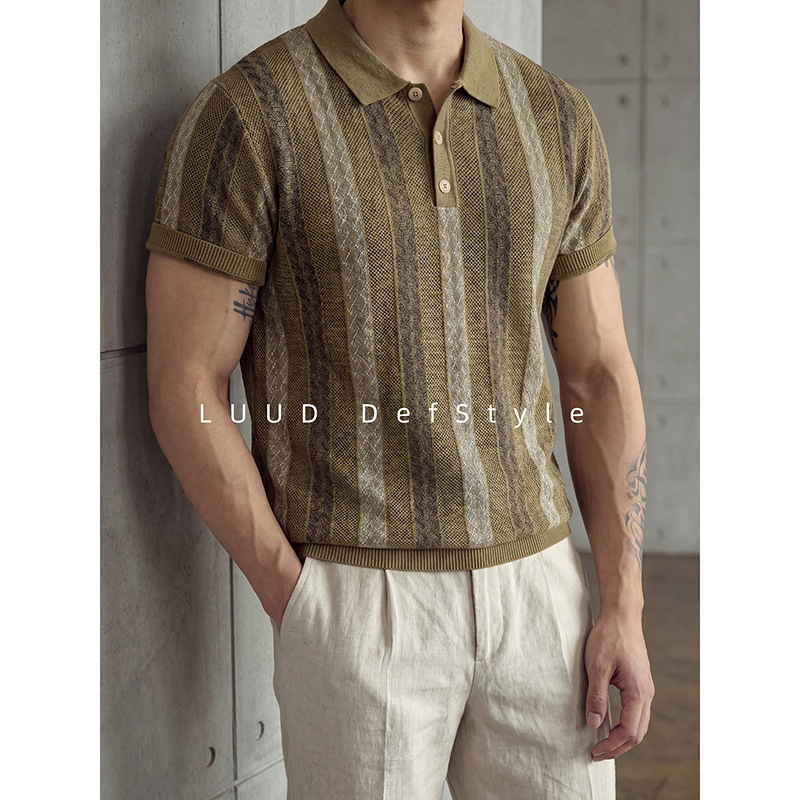 Polo camiseta de punto camiseta de manga corta camiseta de hombre solapa rayas huecas viejos vientos de alto nivel de verano fábrica transfronteriza al por mayor