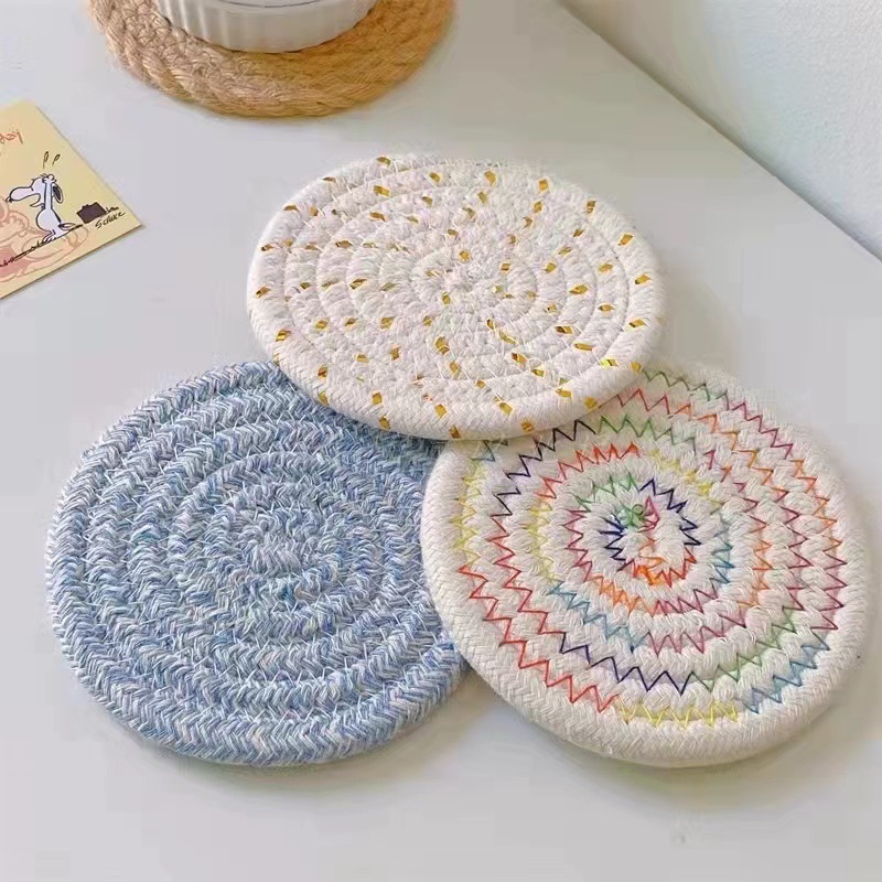 almohadilla de cuerdas de algodón tejida a mano almohadilla de aislamiento térmico anti quemaduras de estilo japonés almohadilla de mesa redonda almohadilla de taza de agua tejida de paja