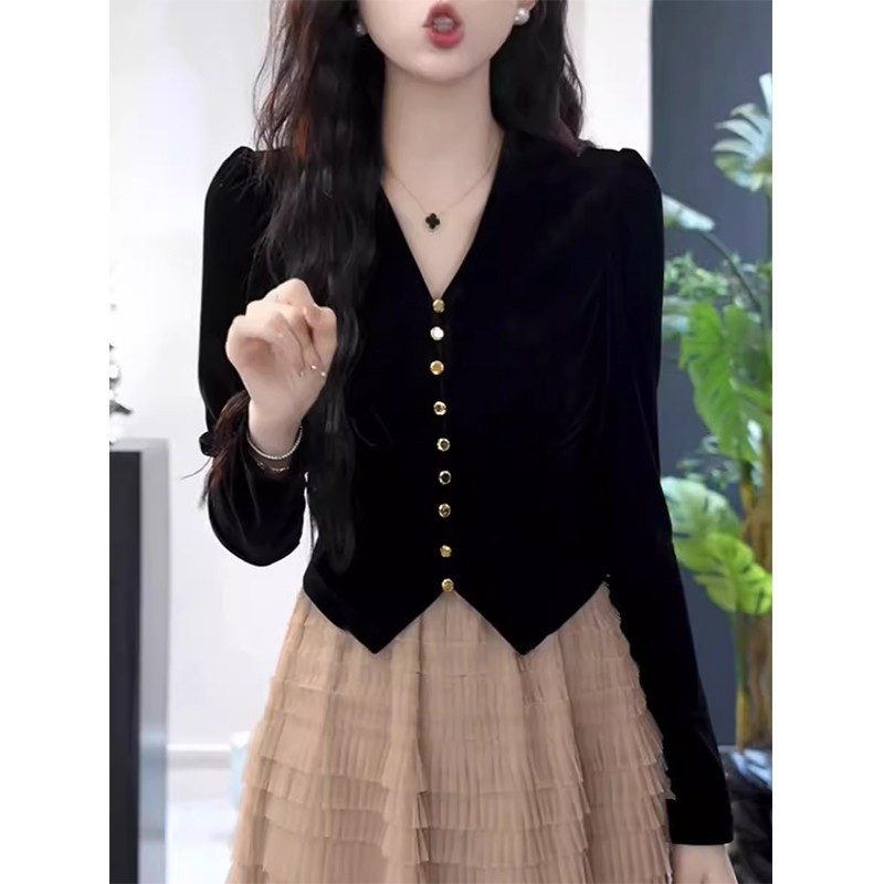 블랙 퀄리티 버전 [가을 여성 2024 신상 스타일/초가을 초가을 플러스 사이즈 의상/독특하고 예뻐요/올해 패셔너블하고 예뻐요/핫 스타일/유럽 셔츠/짧은 스타일