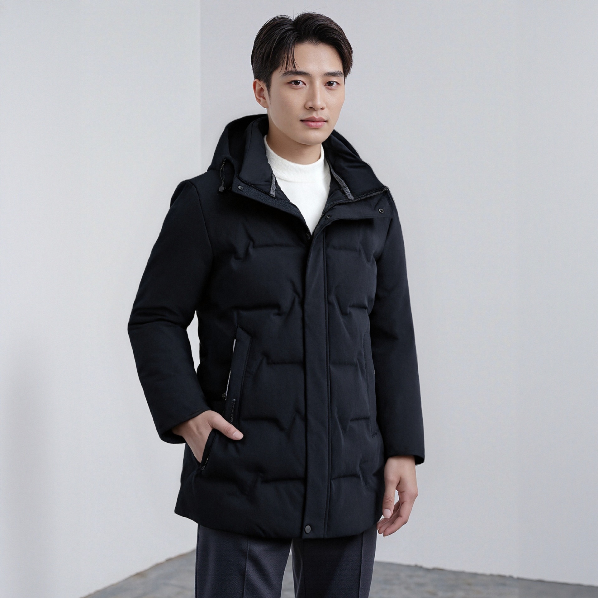 羽绒服男冬季中长款90灰鸭绒加厚保暖中年爸爸防寒连帽男士外套