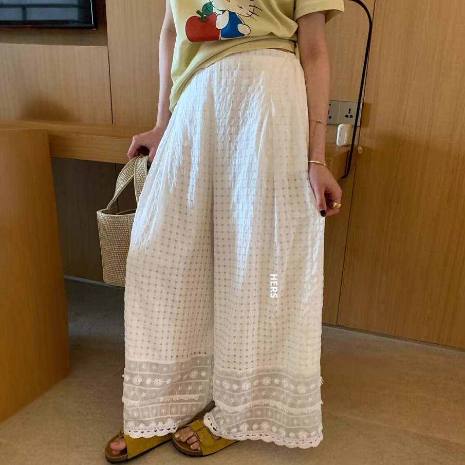 Hers una cucharada de pantalones casuales con costuras de encaje dulces, simples y casuales, pantalones anchos sueltos de primavera y verano para mujer 20589