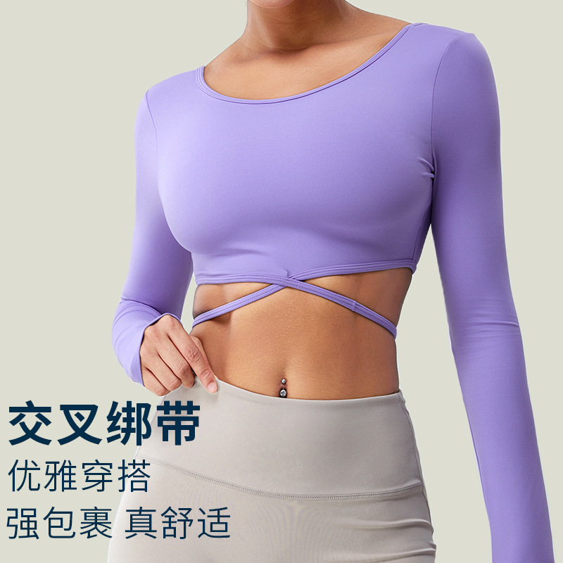 Primavera nueva ropa de yoga de manga larga cruzada de banda fina para mujer corriendo transpirable de secado rápido camiseta deportiva top ropa de fitness