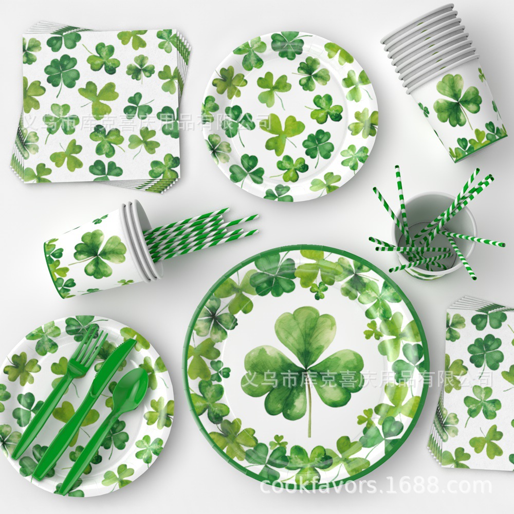 San Patricio de trébol fiesta decoración irlandesa bandeja de papel desechable taza de papel toallas de papel set de decoración de platos