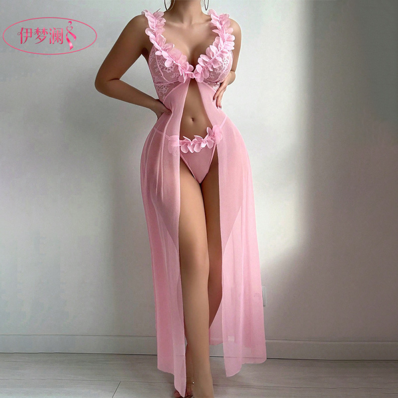 Yimenglan Cross-Border European and American New Style Slit Lace Suspender Dress Long Dress Women's See-Through Floral Lace Sexy Lingerie Yimenglan Cross-Border European and American New Style Slit Lace Suspender Dress Long Dress Women's See-Through Floral Lace Sexy Lingerie