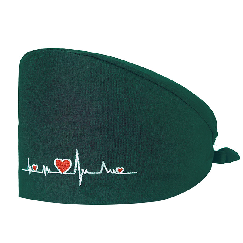 Gorro de Médico de Color Sólido en Poliéster y Algodón, Gorro Médico con Bordado de ECG, Gorro de Trabajo para Cola de Caballo Corta, Gorro Floral en Stock