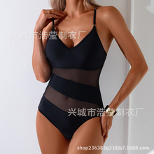 2026欧美网纱拼接连体泳衣女外贸性感V领显瘦遮肉吊带速卖通批发