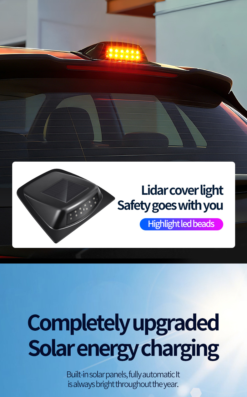 Solar-Powered Led Car Roof Lidar Decorative Cover Light Anti-Rear Collision Warning Strobe Pilot Light Universal Modification