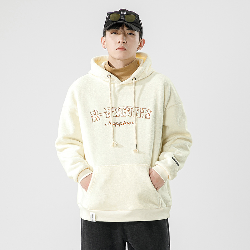 Polar fleece hooded sweater men's autumn and winter fashion brand embroidered drop-shoulder loose warm thickened polar fleece outer coat