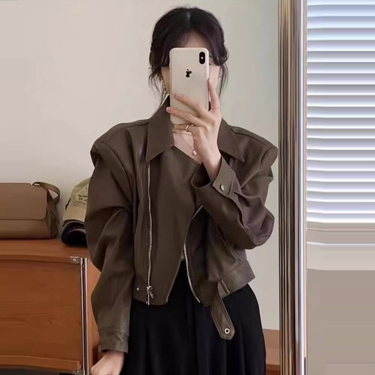 Vintage Pu Leather Jacket for Women 2025 Spring Petite Fashion Versatile Slim Motorcycle Short Jacket Top
