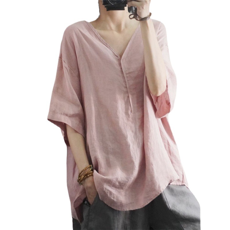 Women's Clothing Summer Style Women's Casual Shirt Short Sleeve Loose Cotton Linen Top Plus Size Pink And Black_ecoleips.com